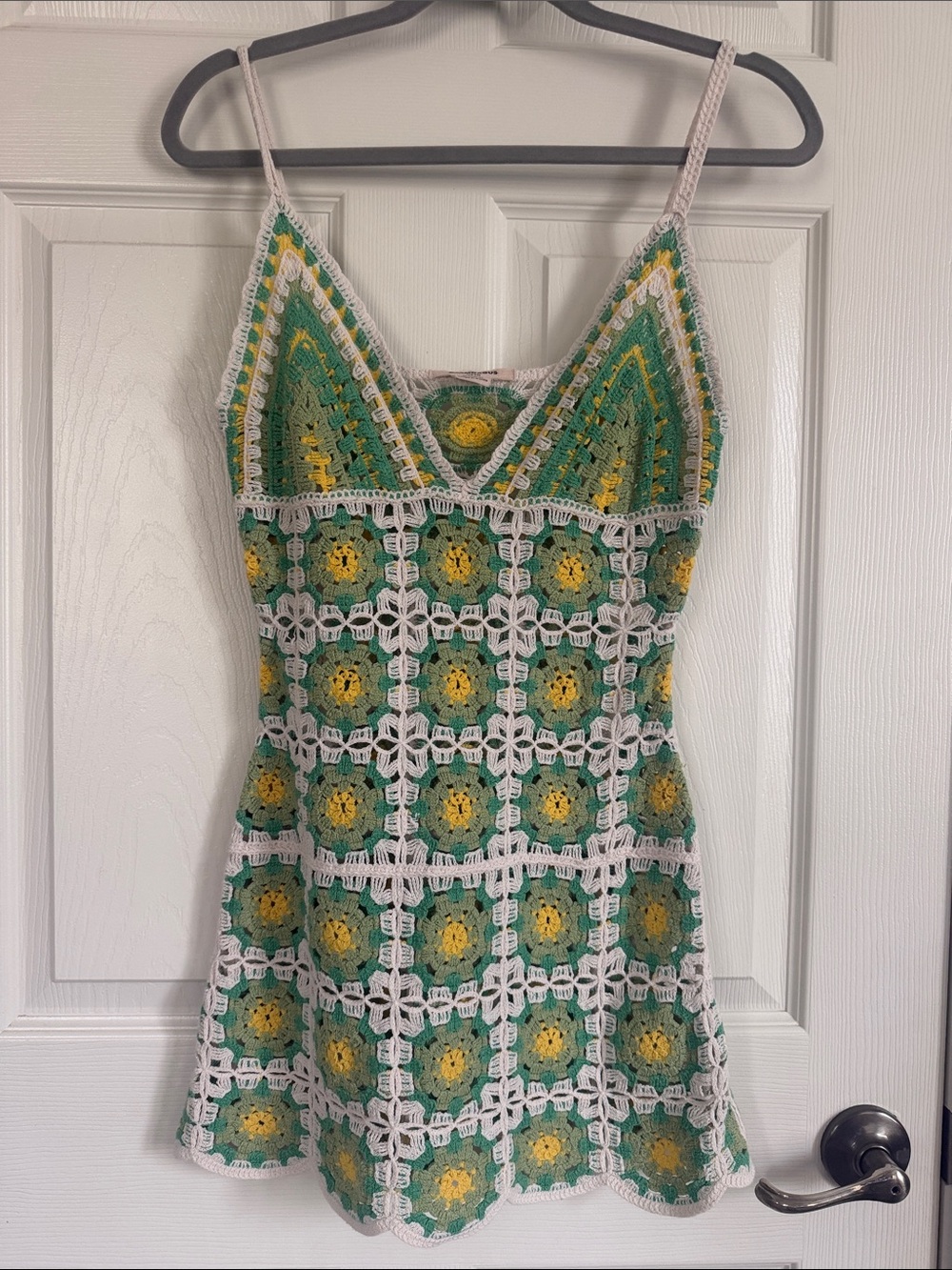 Glamorous Boho Granny Square Crochet V Neck Cami Tank Top Green Yellow One Size